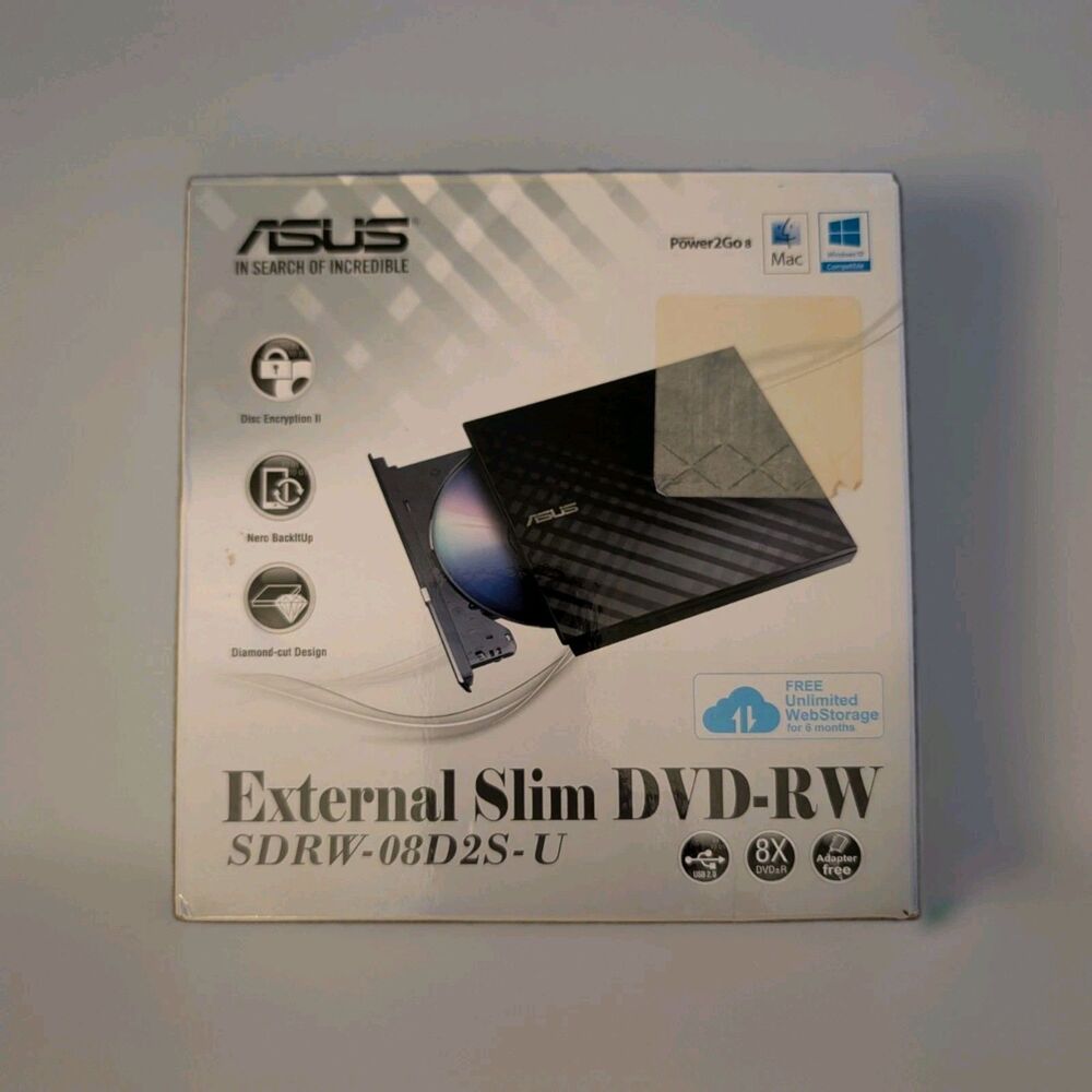 Asus External Slim DVD Drive SDRW-08D2S-U Lite PC Mac Cable Manual Included Used
